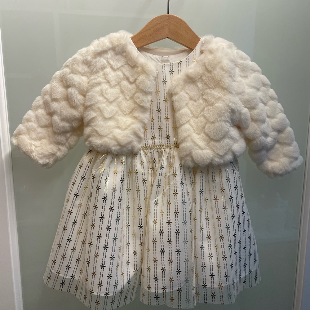 Pippa & Julie Holiday Christmas Dress & Faux Fur Jacket Shawl - 12 Months